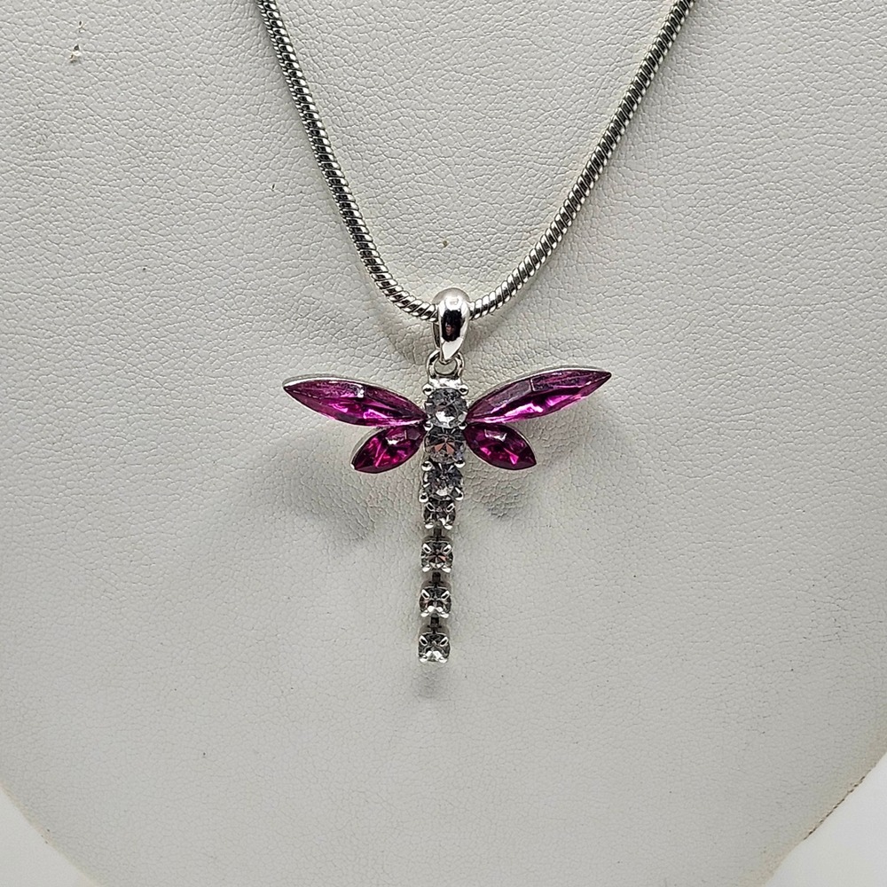 Silver Tone Pink Crystal Dragonfly Pendant Necklace Snake Chain Lobster Clasp